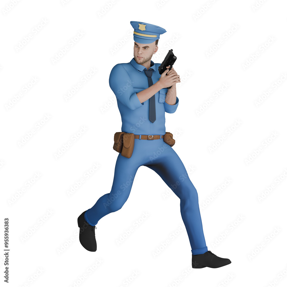 Professional Cartoon Police 3D Art. A male policeman runs while turning his head to the right and holding a gun in both hands. Male Character Professional Cartoon Police 3D Art. A male policeman runs while turning his head to the right and holding a gun in both hands. Male Character