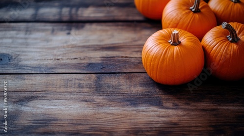 Seasonal background with pumpkins on wooden table. Harvest, Thanksgiving Day concept, copy-space with generative ai