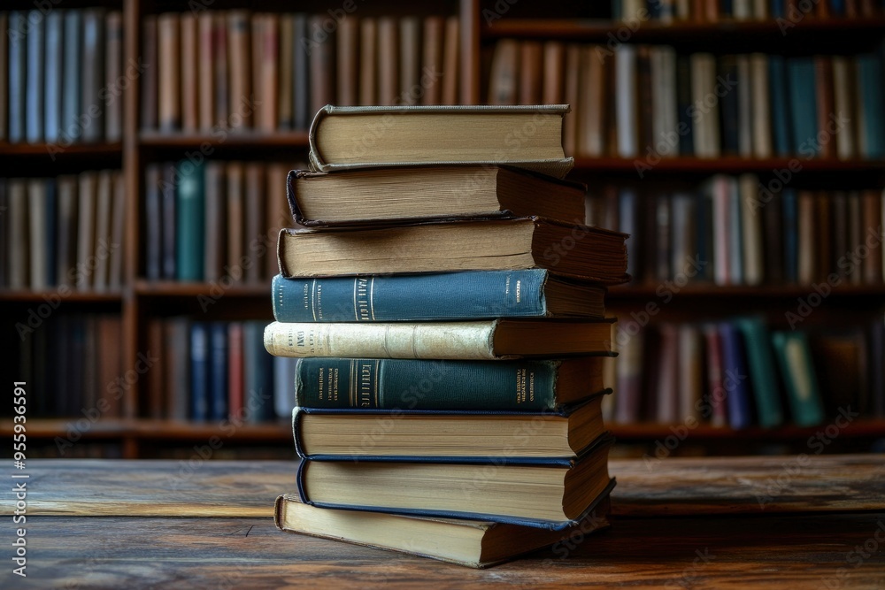 stack of books against the background of library, stack of books in front of library, books on wooden table , ai stack of books against the background of library, stack of books in front of library, books on wooden table , ai
