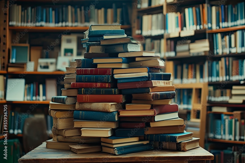 stack of books against the background of library, stack of books in front of library, books on wooden table , ai stack of books against the background of library, stack of books in front of library, books on wooden table , ai
