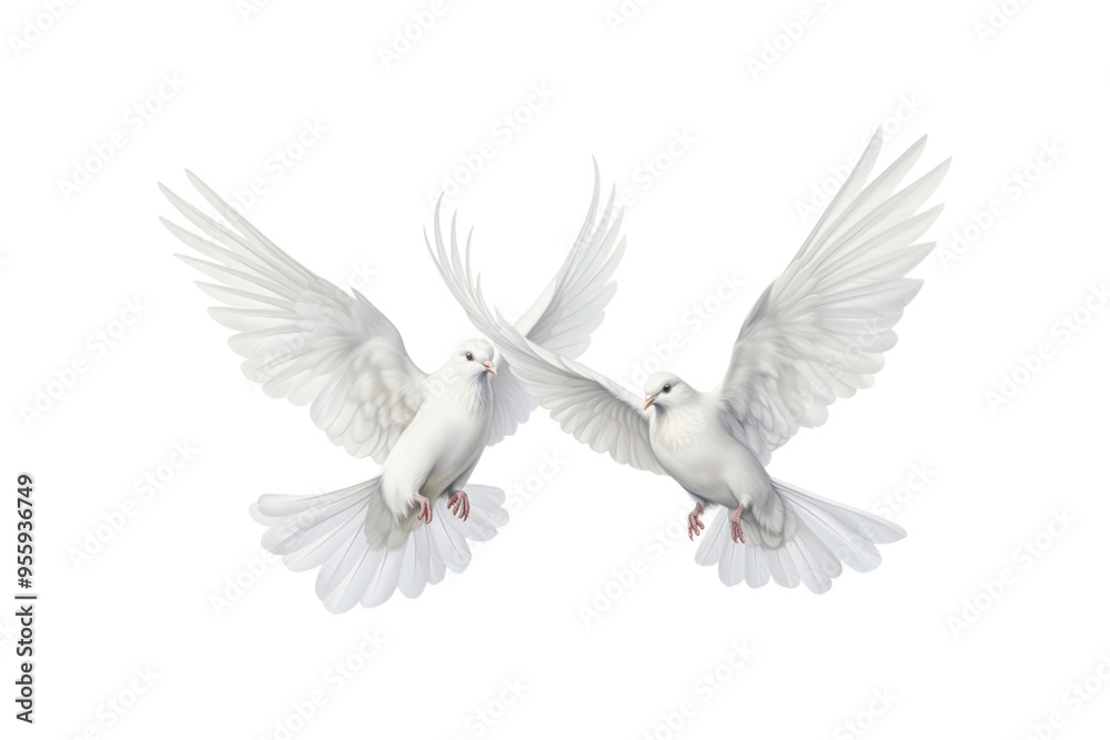 Obraz premium Two white doves are in flight, symbolizing peace and freedom. Great for logos, backgrounds, or designs promoting peace and unity