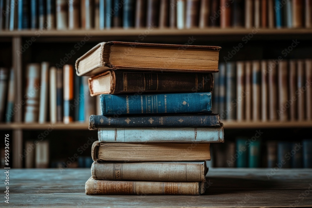 stack of books against the background of library, stack of books in front of library, books on wooden table , ai stack of books against the background of library, stack of books in front of library, books on wooden table , ai