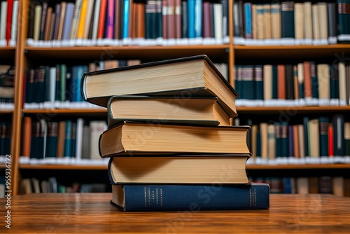 stack of books against the background of library, stack of books in front of library, books on wooden table , ai