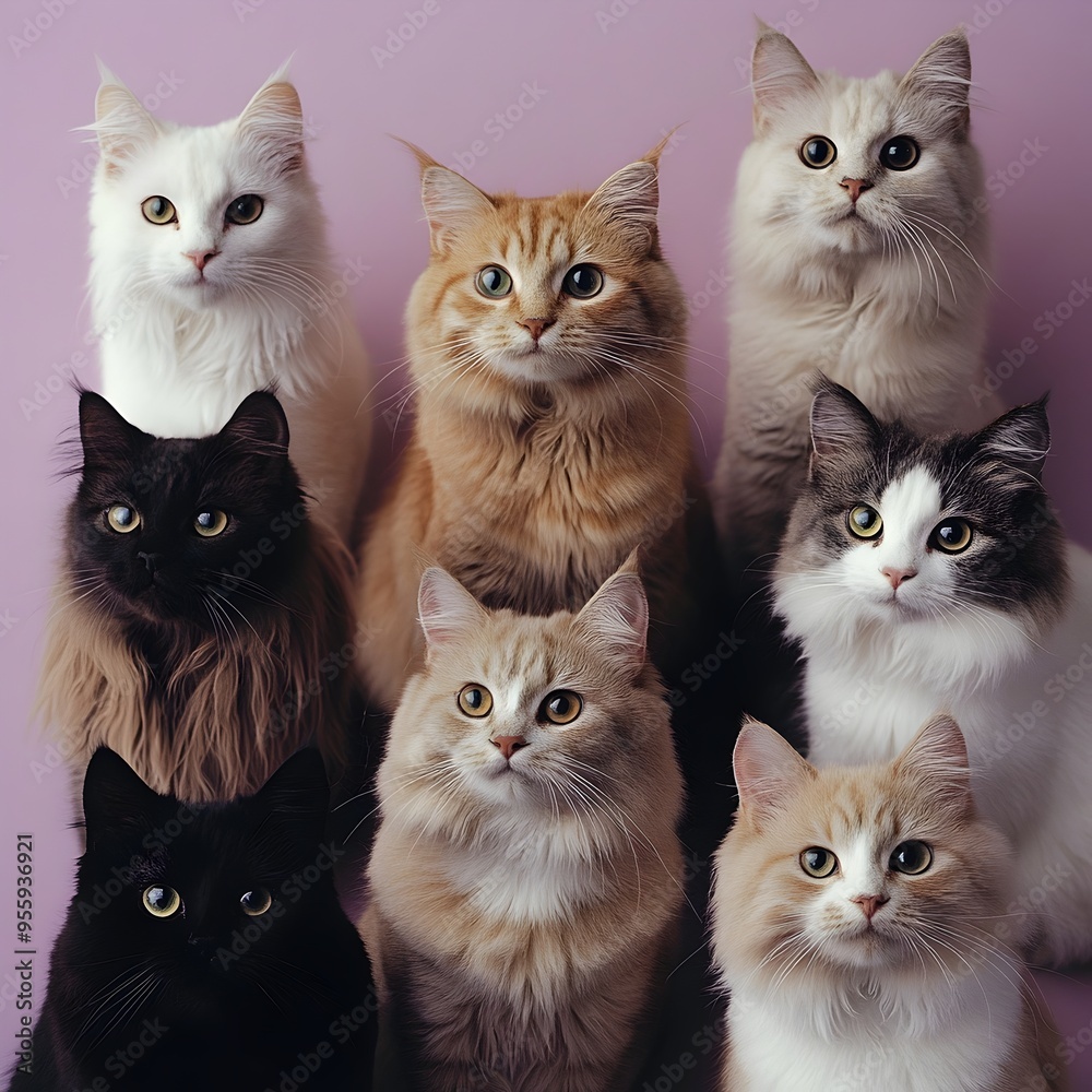 Diverse Collection of Domestic Feline Portraits on Delicate Mauve Background Diverse Collection of Domestic Feline Portraits on Delicate Mauve Background