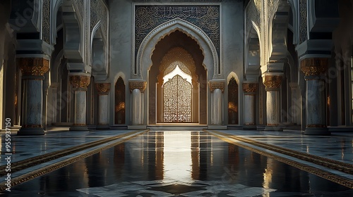 A grand hall with ornate arches and columns, lit by sunlight streaming through a intricate doorway.