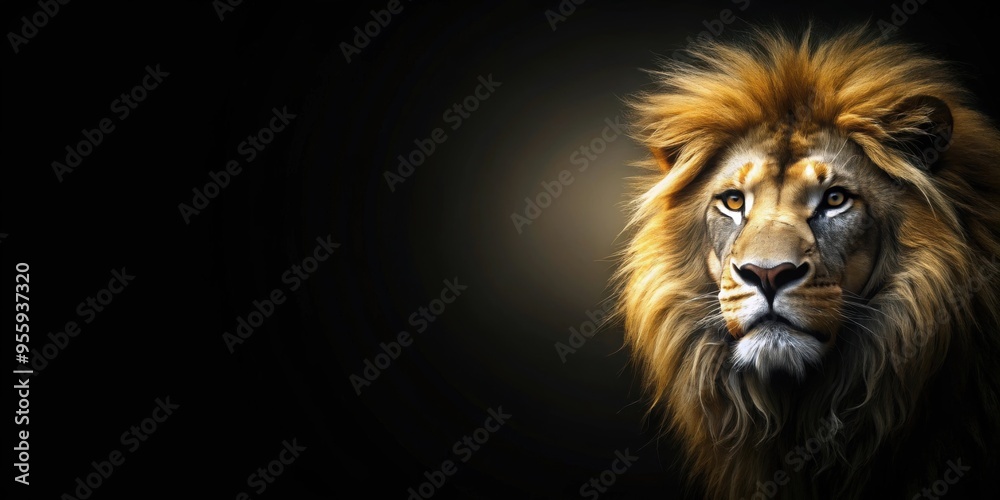 Fototapeta premium Lion head silhouette on a dark background, wildlife, predator, feline, majestic, powerful, strength, courage, fierce