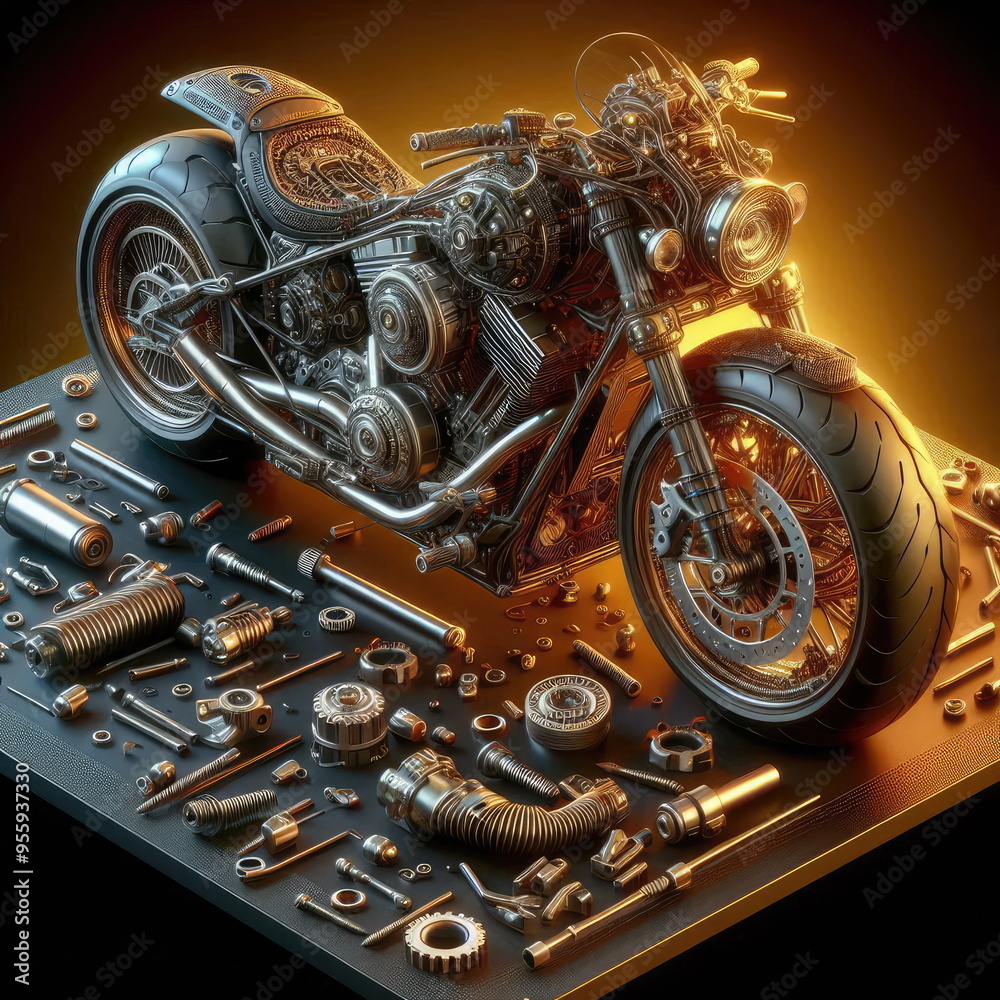 Obraz premium 3D Illustration of the motorcycle is cut open to show the spare parts, background, banner, card, poster, template, elegant