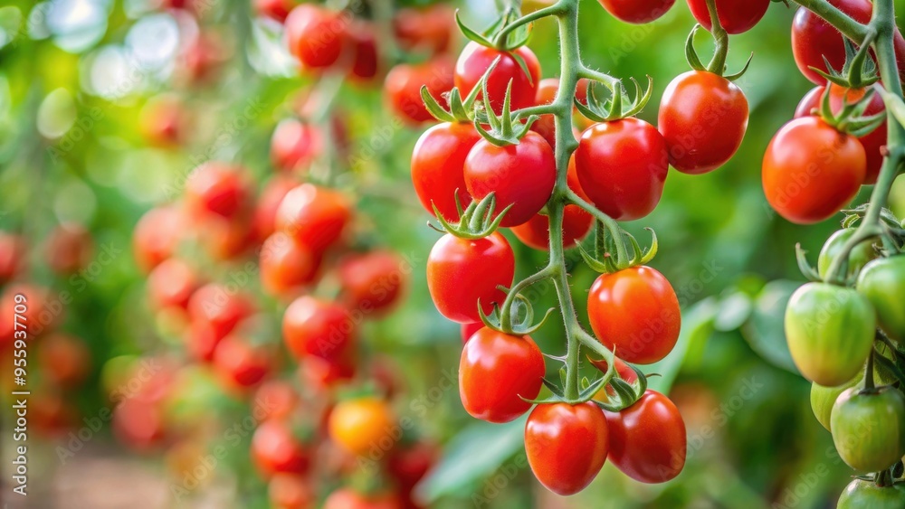 Cherry tomatoes on a vine against a background, fresh, vibrant, colorful, agriculture, organic, healthy, produce, juicy, ripe Cherry tomatoes on a vine against a background, fresh, vibrant, colorful, agriculture, organic, healthy, produce, juicy, ripe