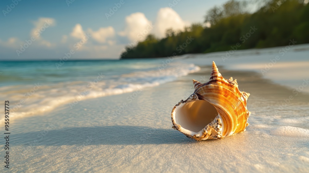 Obraz premium Seashell on a White Sandy Beach with Foamy Waves