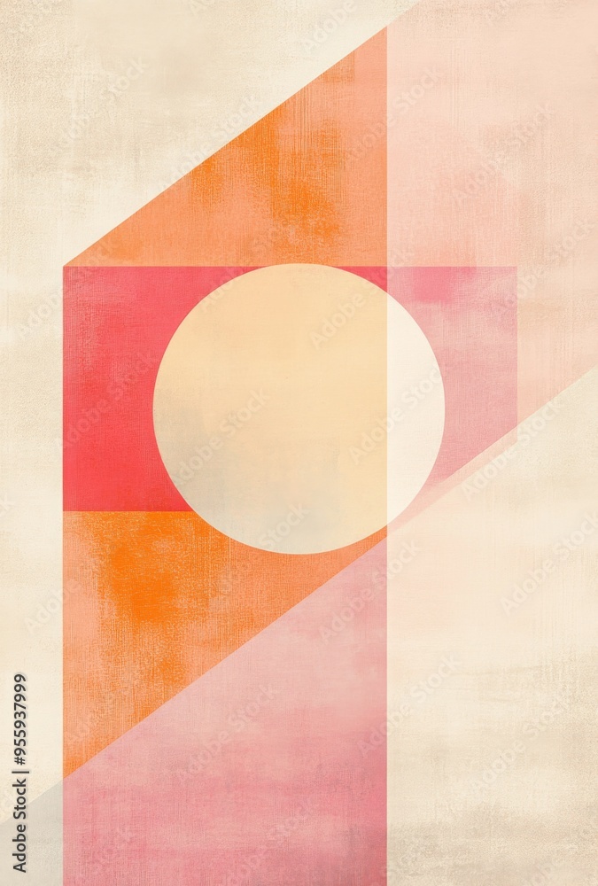 Retro-Style Poster with Geometric Shapes in Pastel Pink, Orange, and Red Tones, Featuring a Central Abstract Circle Against a Soft Gradient Background Retro-Style Poster with Geometric Shapes in Pastel Pink, Orange, and Red Tones, Featuring a Central Abstract Circle Against a Soft Gradient Background