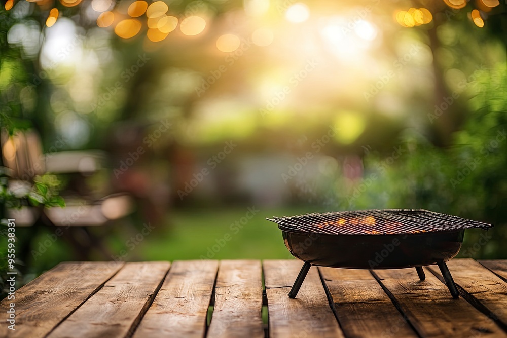 Summer time in backyard with wooden table, grill BBQ and blurred background, ai Summer time in backyard with wooden table, grill BBQ and blurred background, ai