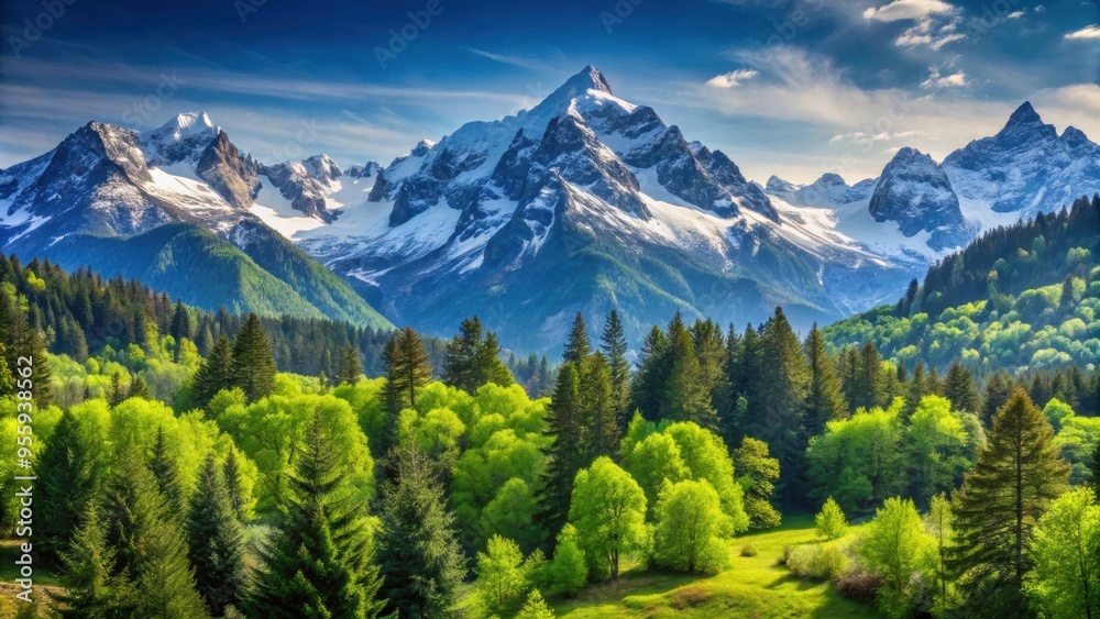 Fototapeta premium Mountain landscape with lush green trees, clear blue skies, and snow-capped peaks , mountains, trees, landscape