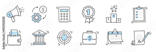 Hand drawn doodle business, money icon set. Finance, money, marketing sketch drawn cute trendy line doodle icon. Business bank, finance calculator, economic goal elements. Vector illustration
