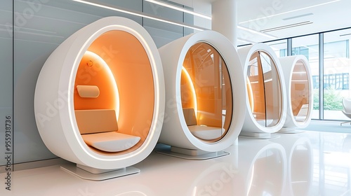 An innovative office with sleep pods and relaxation areas, designed to enhance employee well-being, productivity, and creativity, blending modern design with comfort and functionality 