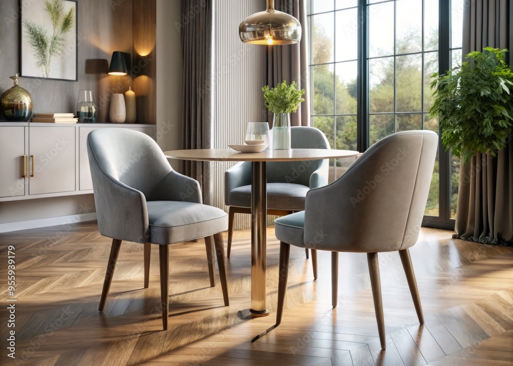 Fototapeta premium A masterclass in understated luxury, this plush-upholstered chair boasts a curved backrest, seamless integration into