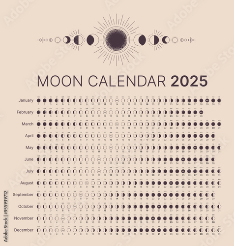 Astrology Lunar Cart for 2025. Moon Calendar. Lunar astrology calendar, poster, card, lunar chart. Astrological lunar map isolated on black background vector illustration