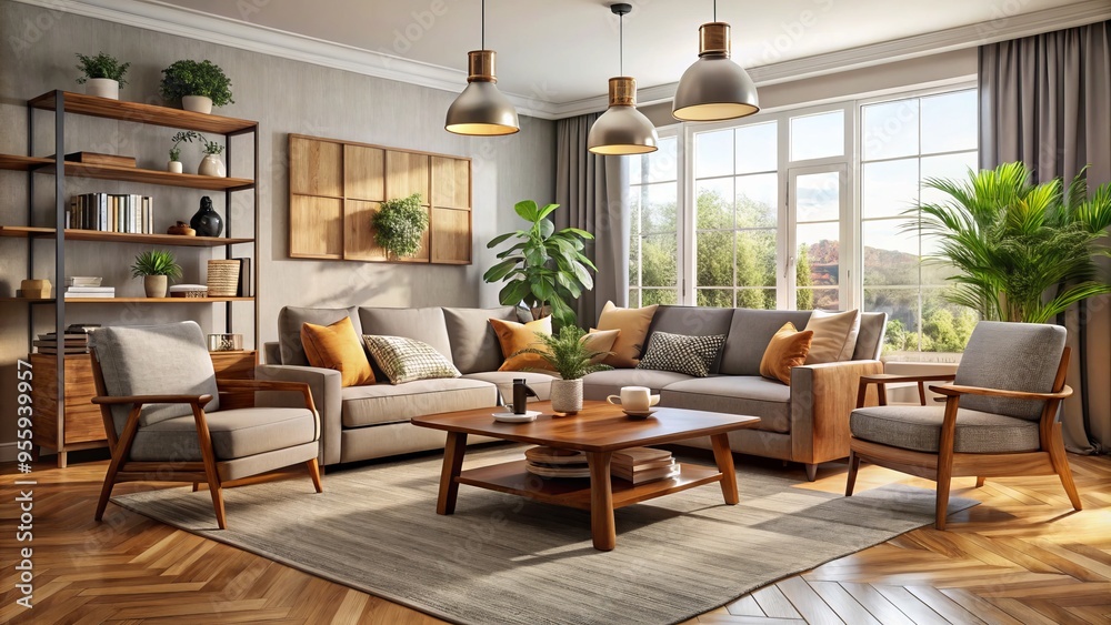 A modern living room boasts a plush sofa, sleek armchairs, and a wooden coffee table, creating a warm A modern living room boasts a plush sofa, sleek armchairs, and a wooden coffee table, creating a warm