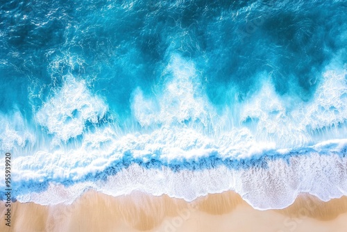 Summer seascape beautiful waves, blue sea water in sunny day. Top view from drone. Sea aerial surf, amazing tropical nature background. Mediterranean bright sea bay, waves splashing beach sandy , ai