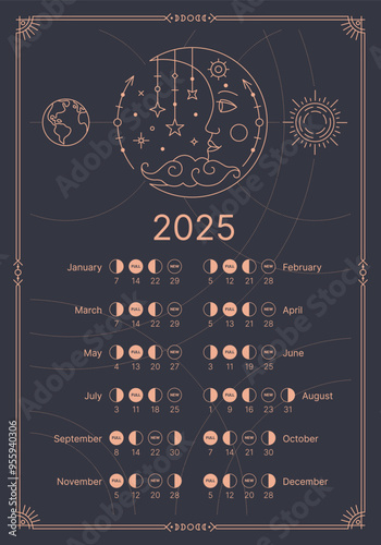 Astrological calendar for the year 2025. Lunar monthly cycle planner. Astrological lunar phases schedule. Lunar calendar isolated on a dark blue background, vector illustration