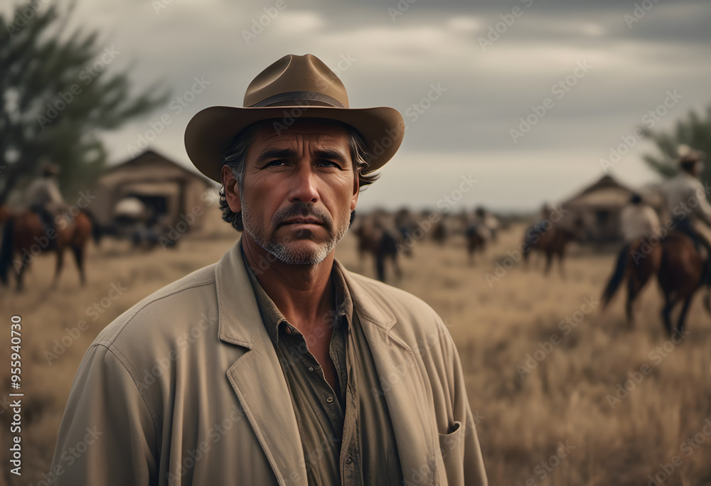 A serious-looking man stands confidently in a vast, open landscape with mountains in the background. He wearing a casual shirt and jacket. The scene is set in a rural area under a cloudy sky. A serious-looking man stands confidently in a vast, open landscape with mountains in the background. He wearing a casual shirt and jacket. The scene is set in a rural area under a cloudy sky.