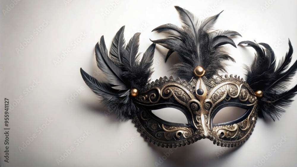 Fototapeta premium Black carnival mask with intricate designs and feathers on a white background, masquerade, disguise, celebration, party