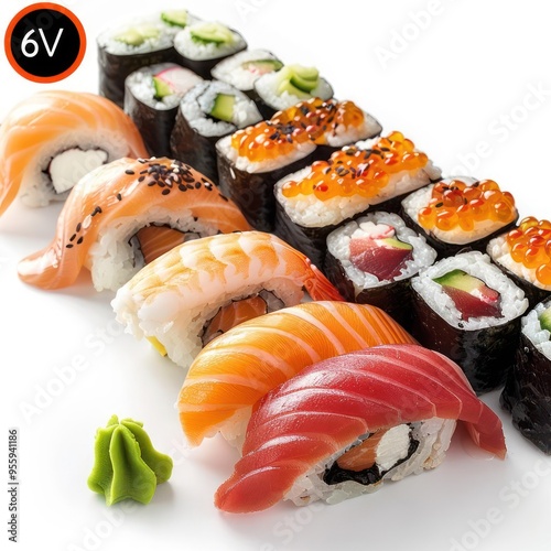 A variety of sushi displayed elegantly on a white plate, ready to be enjoyed.