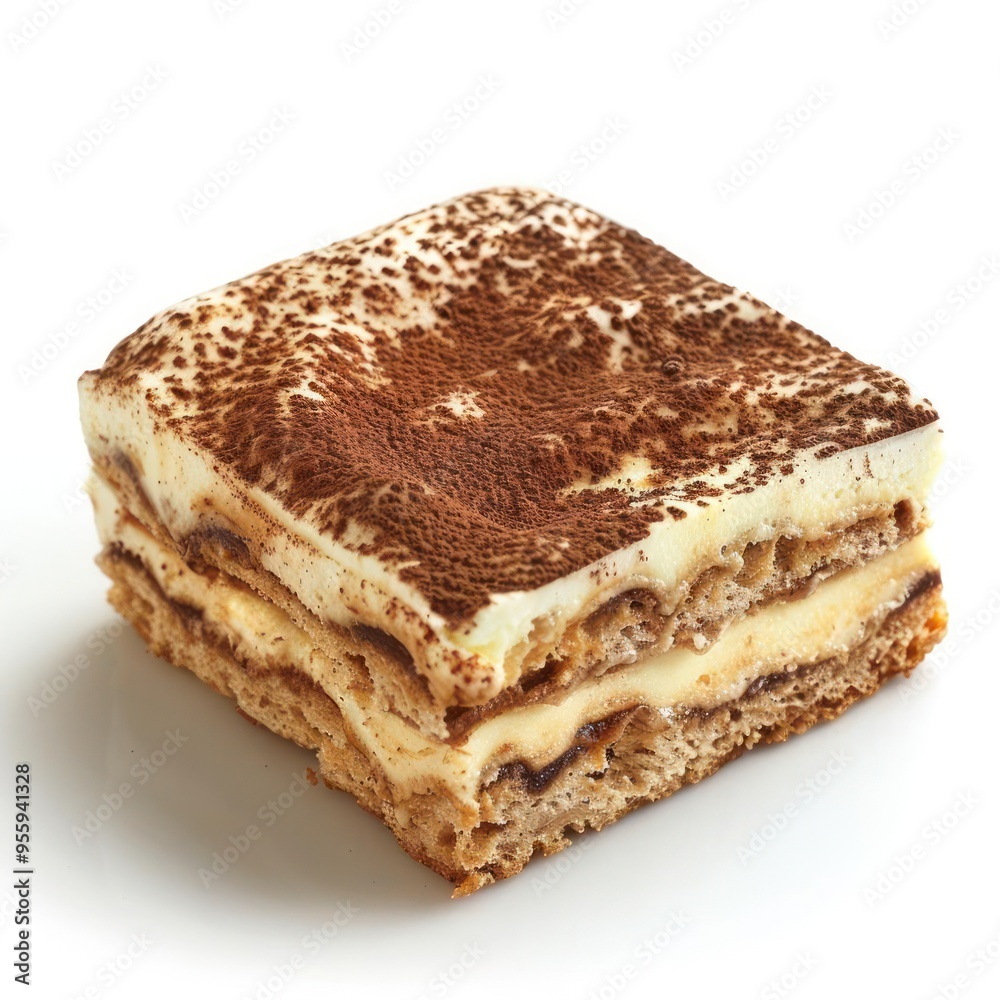 A single slice of dessert featuring layers of espresso soaked sponge, mascarpone cream, A single slice of dessert featuring layers of espresso soaked sponge, mascarpone cream,