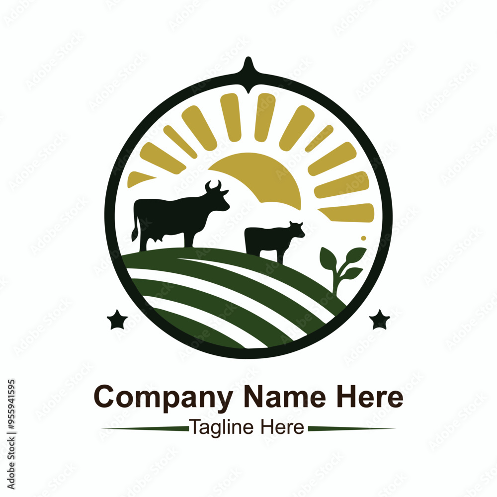 Obraz premium A logo for organic farm with a sun and cows on the top