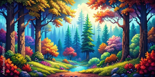 SaiPixel Woodland Vibrant Pixelated Forest Scene, vibrant, pixelated, woodland, forest, scene, trees, nature