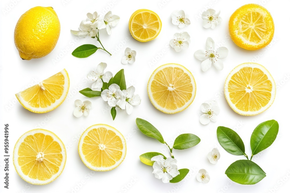 Lemon has water drop with lemon slices and flower collection isolated on white background. Clipping path, ai Lemon has water drop with lemon slices and flower collection isolated on white background. Clipping path, ai