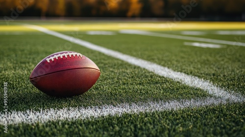 A close-up of an American football on the field