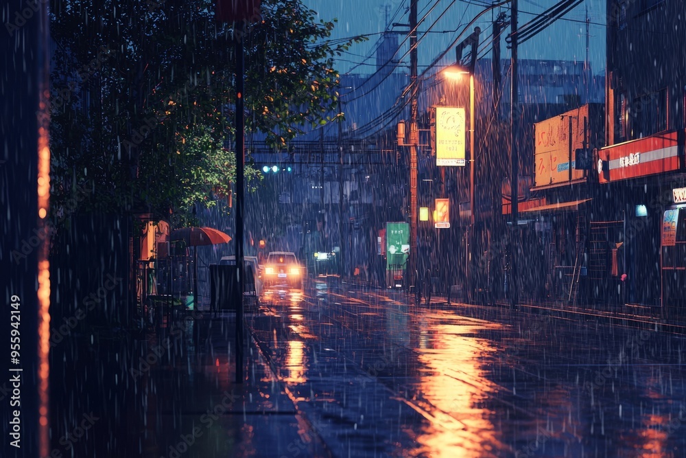 Rainy night in an urban setting with dim, warm lights filtering through a misty atmosphere. Cozy vibe, Generative AI Rainy night in an urban setting with dim, warm lights filtering through a misty atmosphere. Cozy vibe, Generative AI