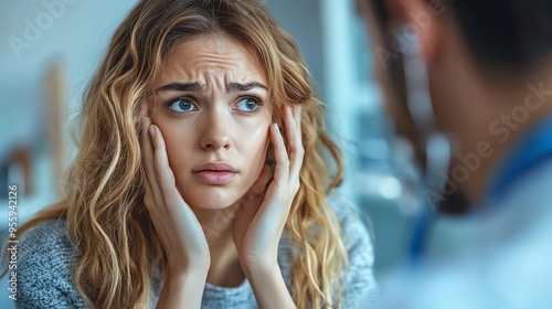 A concerned woman in a consultation, showcasing anxiety and uncertainty in a medical setting.