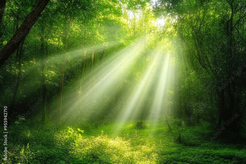 Obraz premium Sunlight in a green forest. Forest sunbeam. Ray of sunlight in forest green. Mossy forest sunbeam with generative ai