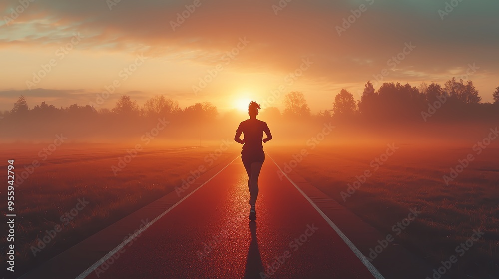A runner enjoys a tranquil morning jog on a misty road, bathed in the warm glow of a rising sun, symbolizing new beginnings. A runner enjoys a tranquil morning jog on a misty road, bathed in the warm glow of a rising sun, symbolizing new beginnings.