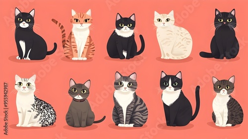 Colorful Cartoon Cats in Muted Coral Background