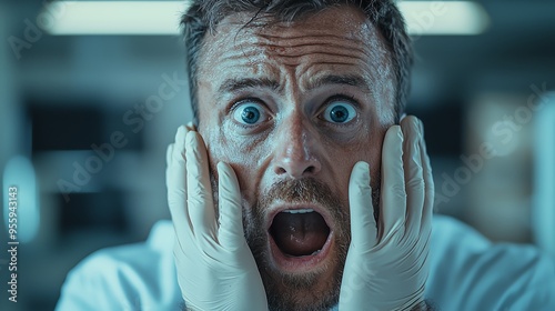 A shocked scientist in a lab gestures in disbelief, emphasizing the importance of safety and awareness in scientific research.