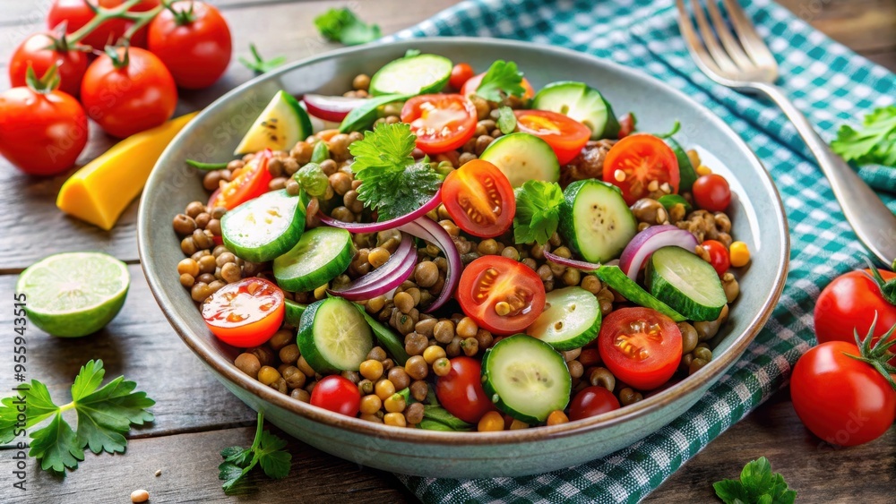 Fresh and colorful lentil salad with cherry tomatoes and cucumbers, healthy, vegetarian, salad, fresh, vibrant Fresh and colorful lentil salad with cherry tomatoes and cucumbers, healthy, vegetarian, salad, fresh, vibrant