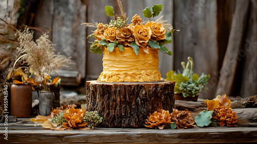 Rustic Tree Stump Cake set on a wooden table, with earthy, forest-inspired decorations photo