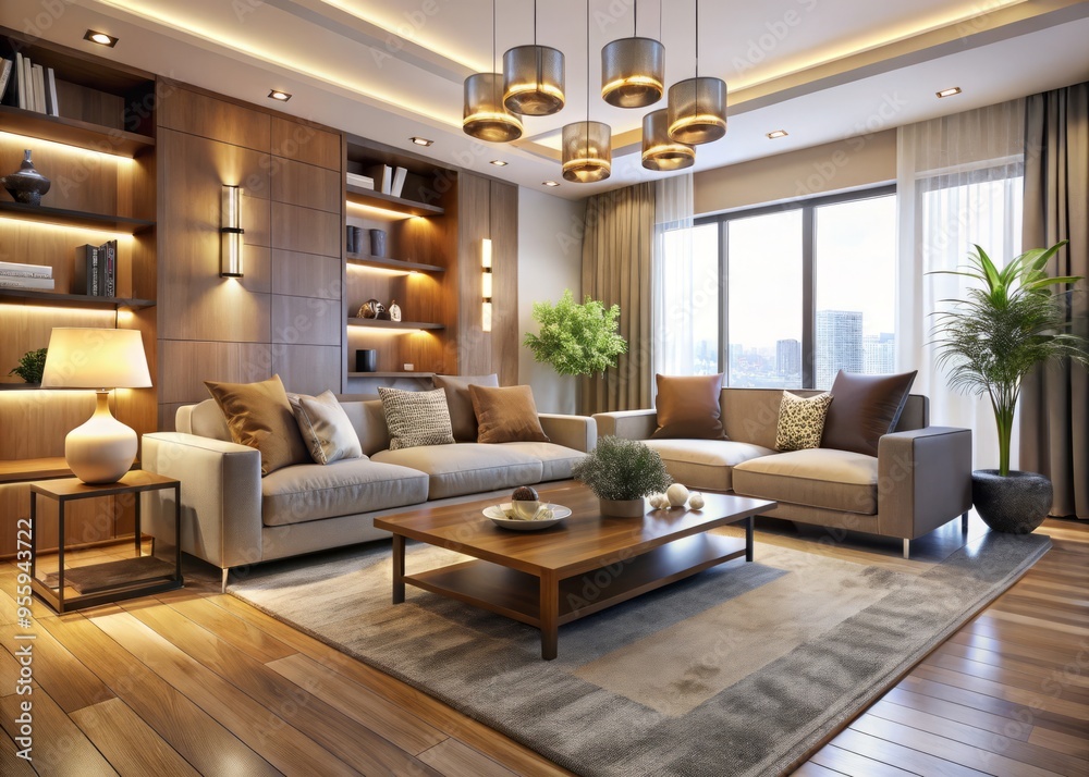 Fototapeta premium A sleek and sophisticated living room featuring plush furniture, soothing neutral hues, and soft golden lighting,