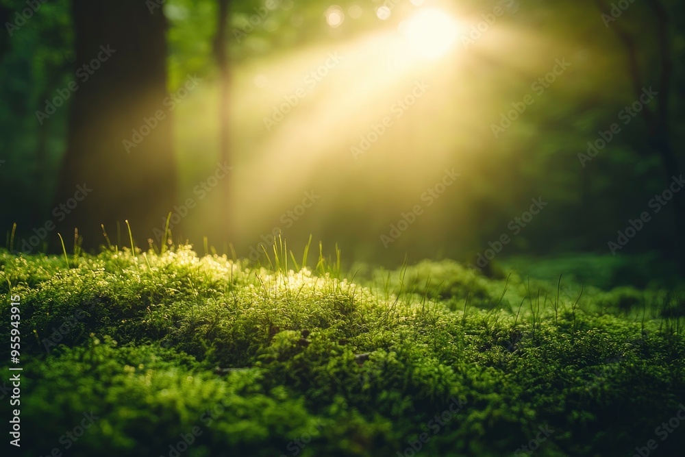 Fototapeta premium Sunlight in a green forest. Forest sunbeam. Ray of sunlight in forest green. Mossy forest sunbeam with generative ai