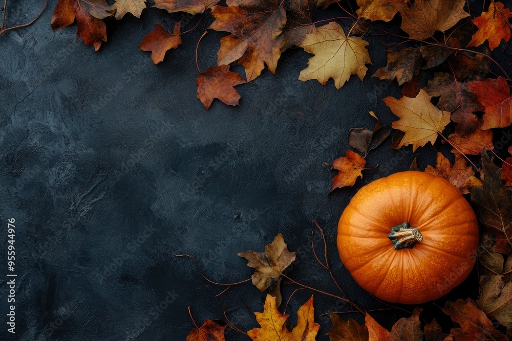 Thanksgiving and Autumn decoration concept made from autumn leaves and pumpkin on dark background. Flat lay, top view with copy space with generative ai Thanksgiving and Autumn decoration concept made from autumn leaves and pumpkin on dark background. Flat lay, top view with copy space with generative ai
