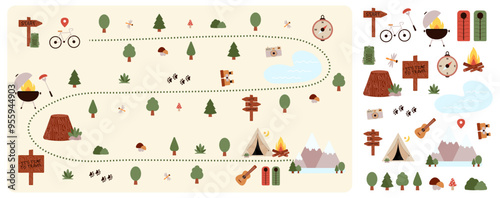 Camping and Hiking map creator and set flat elements for creating childrens camp. Nature plan with mountains, bike, trees and other stickers for summer trip. Vector illustration