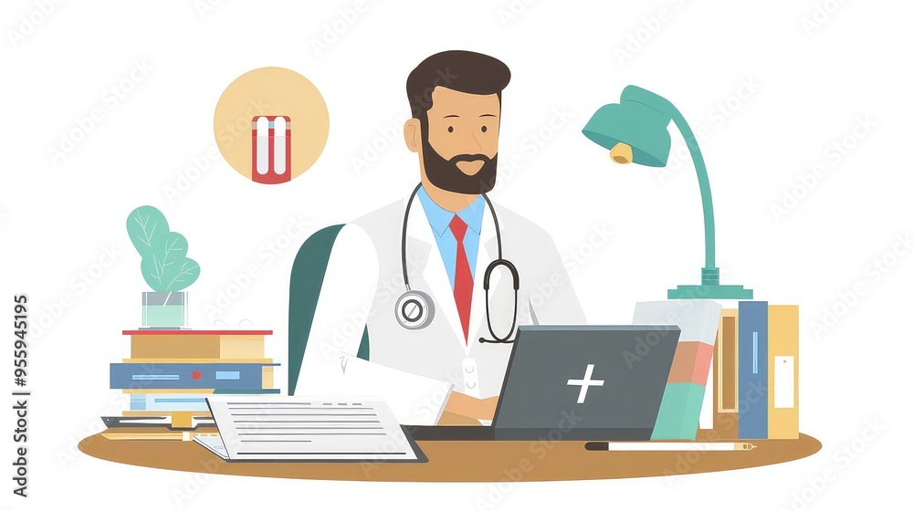 A male doctor with a beard is sitting at his desk with a laptop, stethoscope, and files. A male doctor with a beard is sitting at his desk with a laptop, stethoscope, and files.