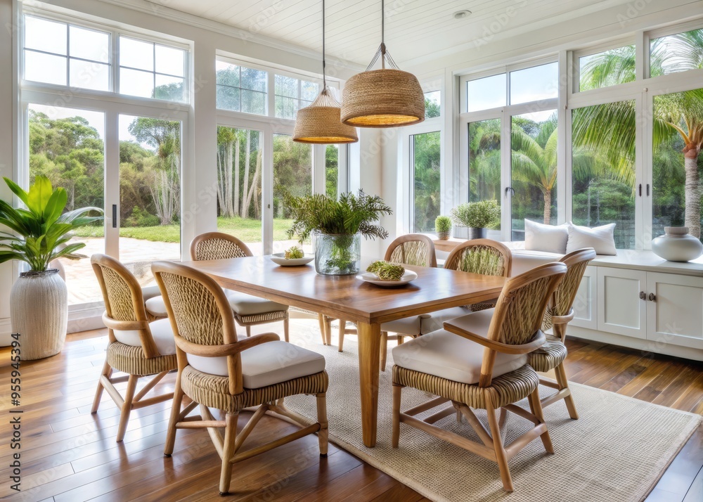 A sun-kissed Florida-style dining room features natural rattan chairs and table with crisp white fabric cushions, A sun-kissed Florida-style dining room features natural rattan chairs and table with crisp white fabric cushions,