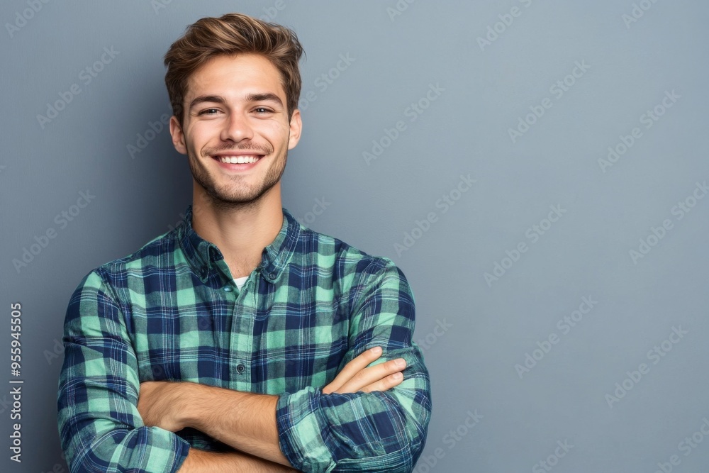 Portrait of a Handsome Man in a Blue and Green Plaid Shirt, Smiling with Arms Crossed Against a Grey Background, Perfect for Banner Design with Ample Copy Space Portrait of a Handsome Man in a Blue and Green Plaid Shirt, Smiling with Arms Crossed Against a Grey Background, Perfect for Banner Design with Ample Copy Space