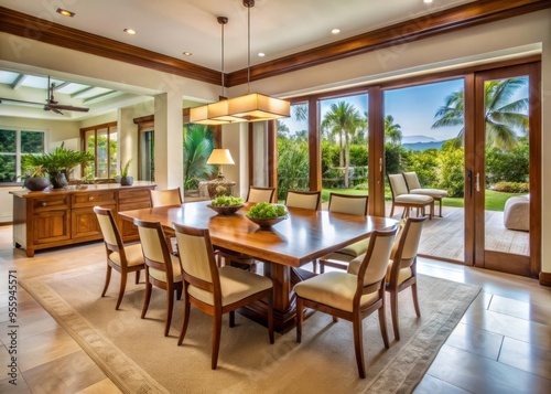 A tropical Florida setting comes alive in this spaciously airy dining room, where elegant teak furniture is the