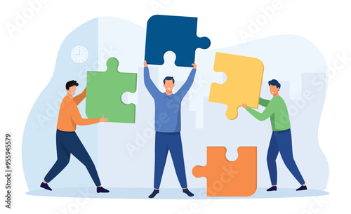 Team metaphor, cooperation, partnership concept. People connecting puzzle elements. Partners holding big jigsaw puzzle pieces. Vector illustration.