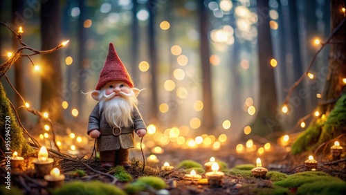 Boho gnome surrounded by fairy lights in an enchanted Halloween forest, Boho, gnome, fairy lights, enchanted, Halloween