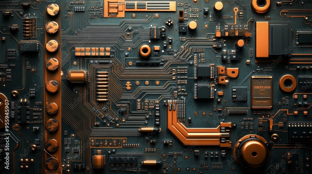 Fototapeta premium An engineering-focused diagram of a copper board, showcasing a 3D exploded view of circuits, component placement, and copper trace routes for robotics applications